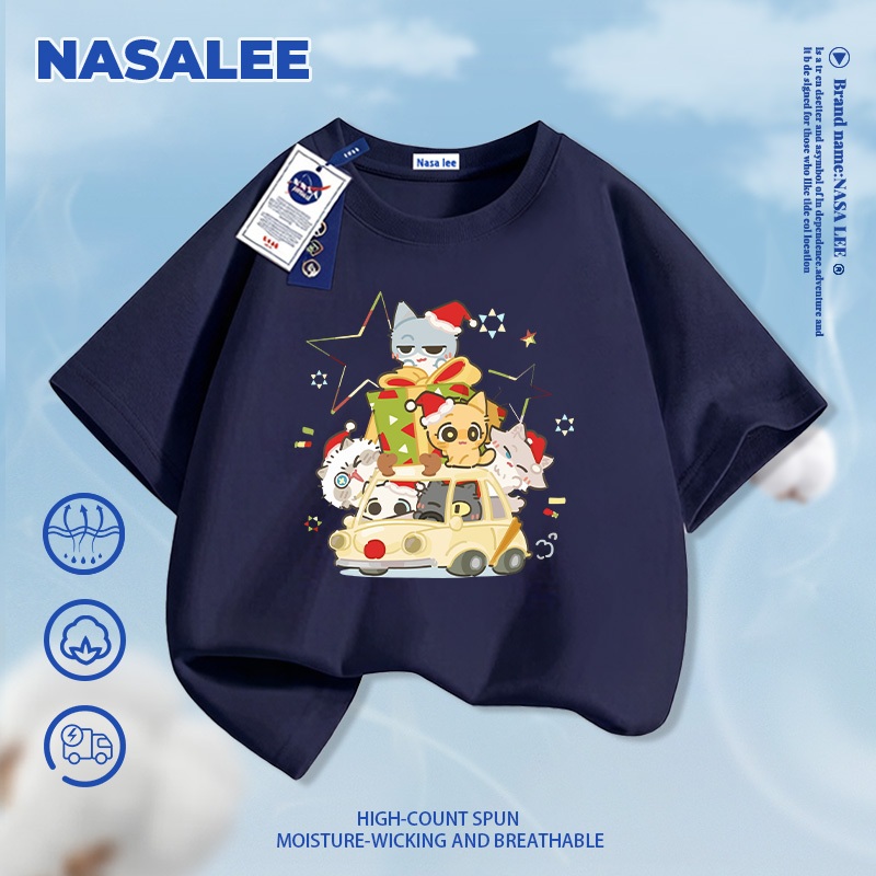 [Giao hàng trong ngày] NASA Hợp thời trang Phong cách mới Cotton nguyên chất cho trẻ em Tay ngắn thoải mái Thân thiện với da Họa tiết mèo con dễ thương