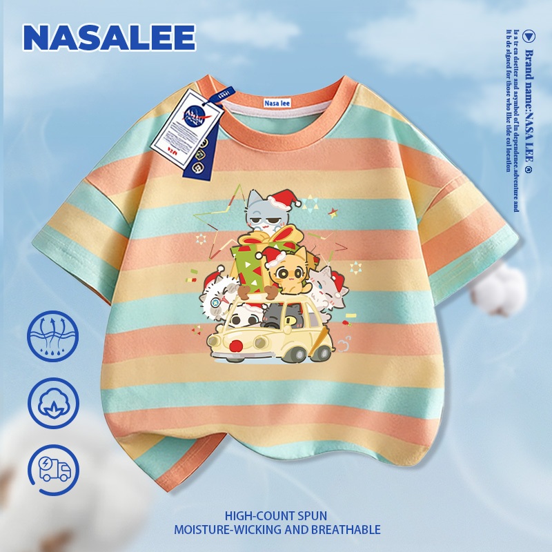 [Giao hàng trong ngày] NASA Hợp thời trang Phong cách mới Cotton nguyên chất cho trẻ em Tay ngắn thoải mái Thân thiện với da Họa tiết mèo con dễ thương