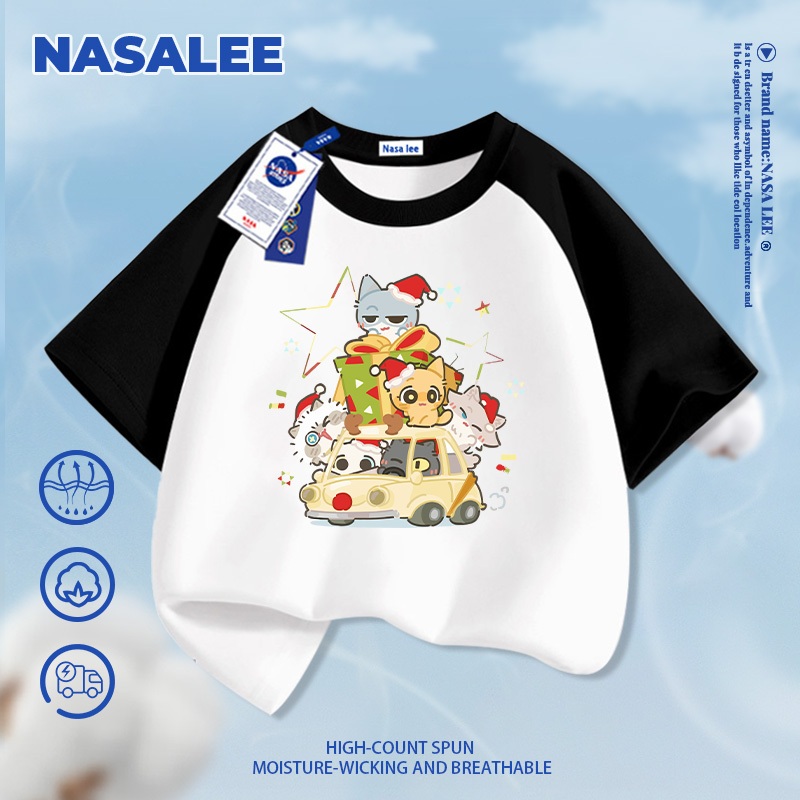 [Giao hàng trong ngày] NASA Hợp thời trang Phong cách mới Cotton nguyên chất cho trẻ em Tay ngắn thoải mái Thân thiện với da Họa tiết mèo con dễ thương