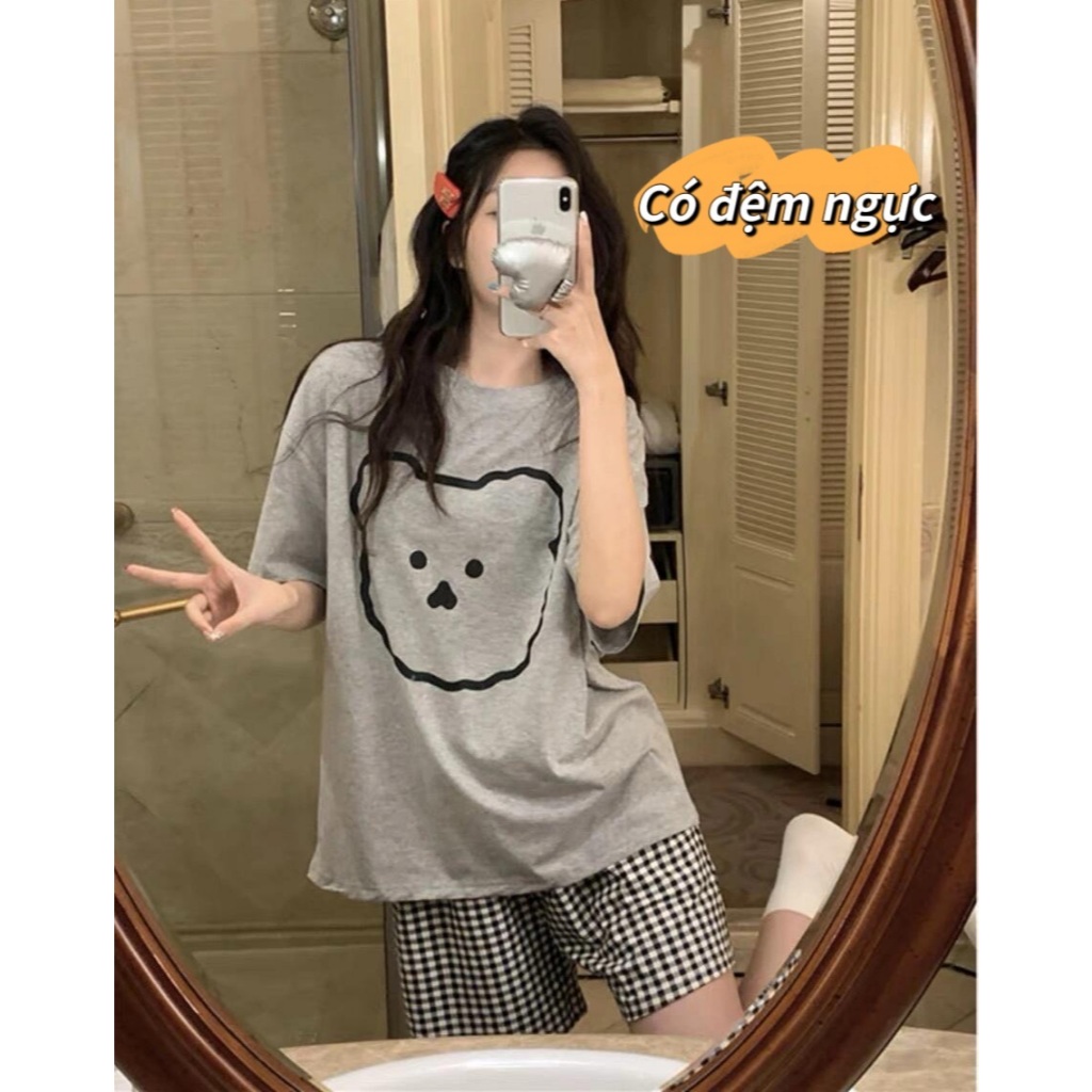 【Có miếng lót ngực – Bán chạy】Bộ đồ ngủ mùa hè mỏng nhẹ – Cổ tròn, áo tay ngắn + quần short – Giá tốt, chất lượng cao – Đồ mặc nhà / đồ ngủ nữ