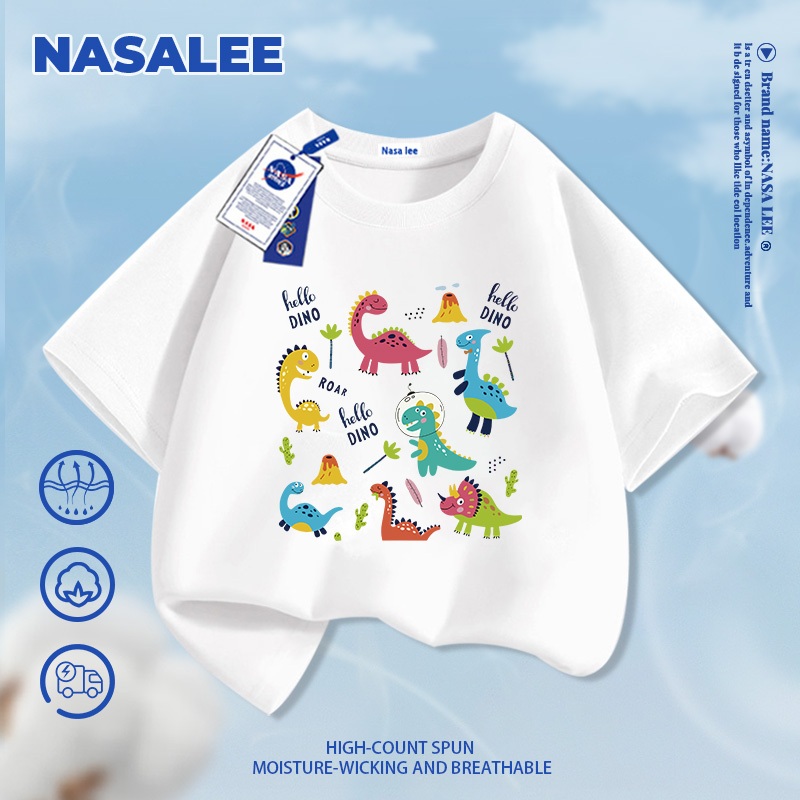 [Giao hàng trong ngày] NASA Hợp thời trang Phong cách mới Cotton nguyên chất dành cho trẻ em Tay ngắn thoải mái Thân thiện với da Khủng long