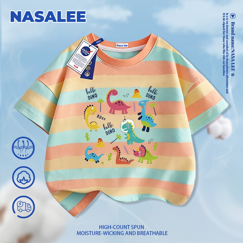 [Giao hàng trong ngày] NASA Hợp thời trang Phong cách mới Cotton nguyên chất dành cho trẻ em Tay ngắn thoải mái Thân thiện với da Khủng long