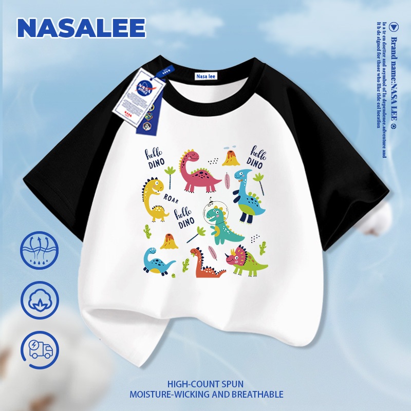 [Giao hàng trong ngày] NASA Hợp thời trang Phong cách mới Cotton nguyên chất dành cho trẻ em Tay ngắn thoải mái Thân thiện với da Khủng long