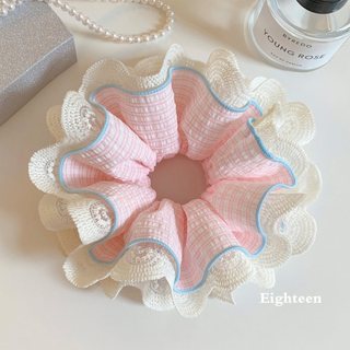Phong Cách Hàn Quốc Xanh Kẻ Sọc Ren Bốn Lớp Scrunchy Buộc Tóc Nữ Cao Cấp Cảm Giác Buộc Tóc Bóng Dây Tóc