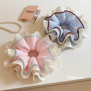 Phong Cách Hàn Quốc Xanh Kẻ Sọc Ren Bốn Lớp Scrunchy Buộc Tóc Nữ Cao Cấp Cảm Giác Buộc Tóc Bóng Dây Tóc