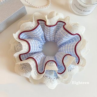 Phong Cách Hàn Quốc Xanh Kẻ Sọc Ren Bốn Lớp Scrunchy Buộc Tóc Nữ Cao Cấp Cảm Giác Buộc Tóc Bóng Dây Tóc
