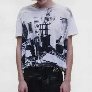 OFF-WHITE High Street Erd Style Unisex Vintage Rửa Đau Khổ Trừu Tượng In Hình Căn Hộ Phá Hủy Viền Áo Thun Trắng
