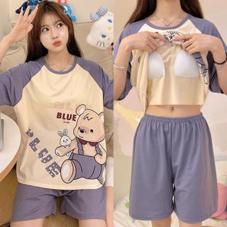 【Có đệm ngực】Bộ đồ ngủ mùa hè mới nhất – áo tay ngắn + quần sooc, in họa tiết hoạt hình dễ thương – Dành cho học sinh, nữ sinh. Đồ mặc nhà.