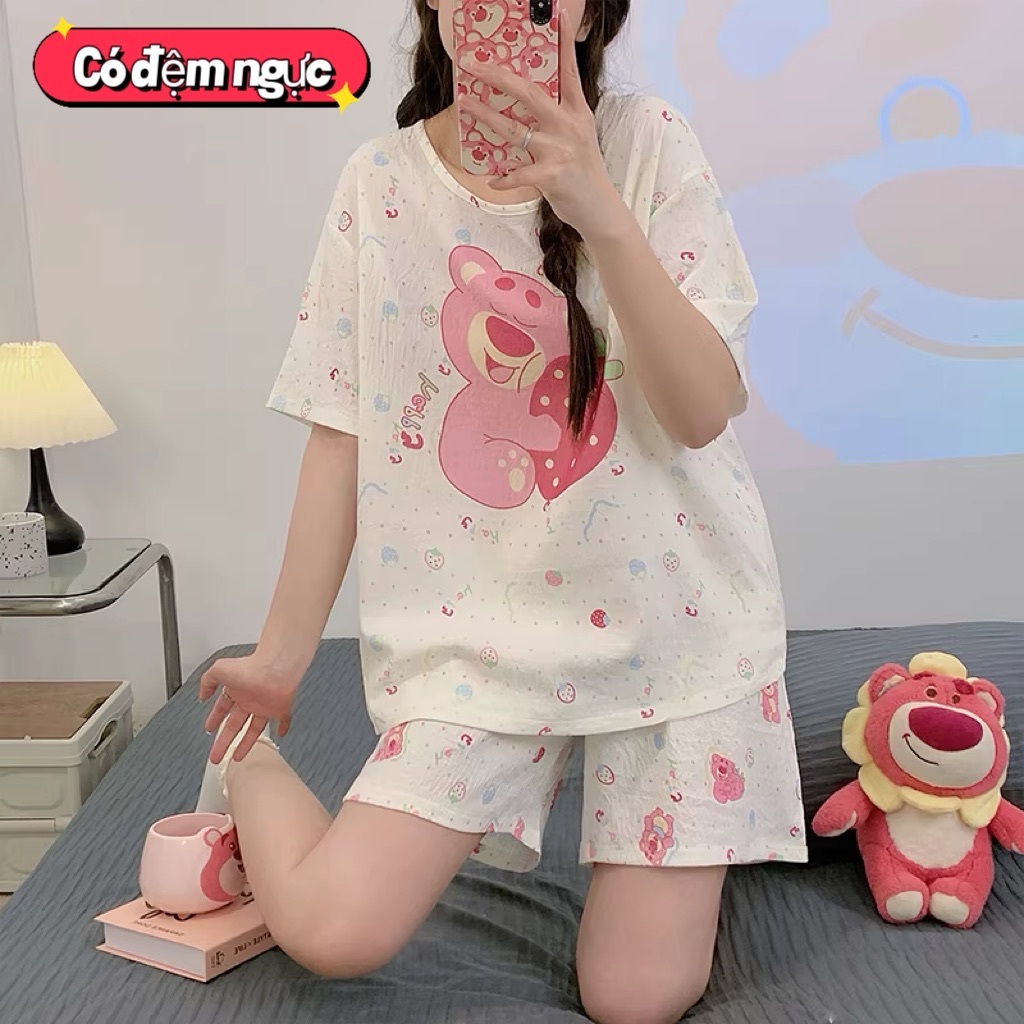【Bộ đồ ngủ mùa hè cotton có miếng độn ngực】Áo tay ngắn + quần đùi – Đồ mặc nhà nữ – Dễ thương, thông thoáng, hot trend
