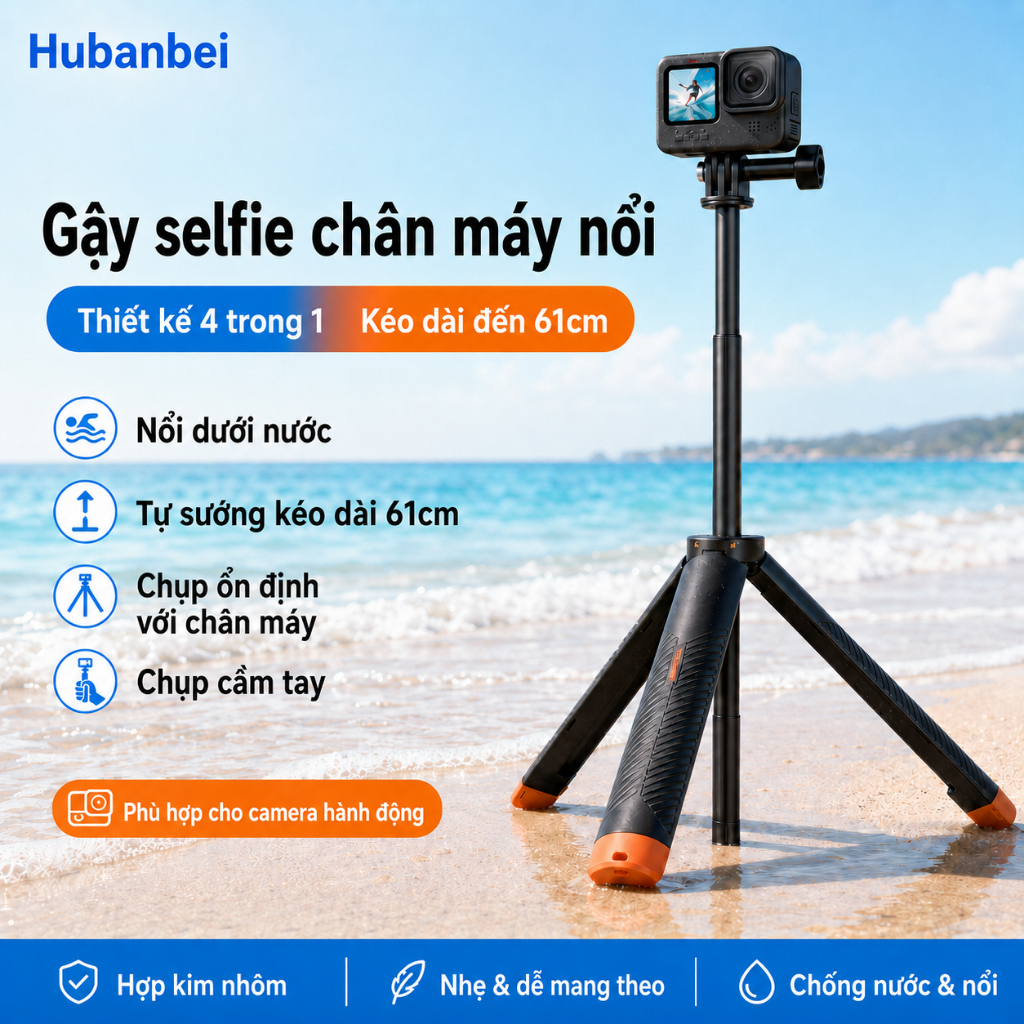 Chân máy Selfie nổi 4 trong 1 – Tay cầm & Monopod có thể mở rộng chống nước cho GoPro Hero 13 – 8, DJI Osmo Action 6 / 5 Pro / 4 / 3, Insta360 Ace Pro 2