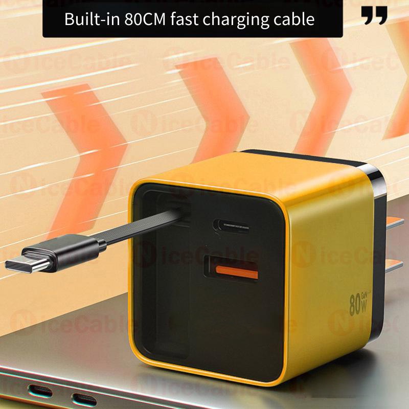 Bộ sạc 3 trong 1 USB + Type C Di động 80W GaN Cắm Bộ sạc nhanh với lò xo 65m Type C Cáp nhanh có thể mở rộng cho điện thoại Máy tính bảng, máy tính xách tay