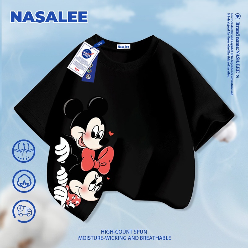 [Giao hàng trong ngày] NASA Hợp thời trang Phong cách mới Cotton nguyên chất cho trẻ em Tay ngắn thoải mái Họa tiết Mickey Minnie thân thiện với da