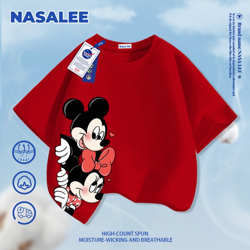 [Giao hàng trong ngày] NASA Hợp thời trang Phong cách mới Cotton nguyên chất cho trẻ em Tay ngắn thoải mái Họa tiết Mickey Minnie thân thiện với da