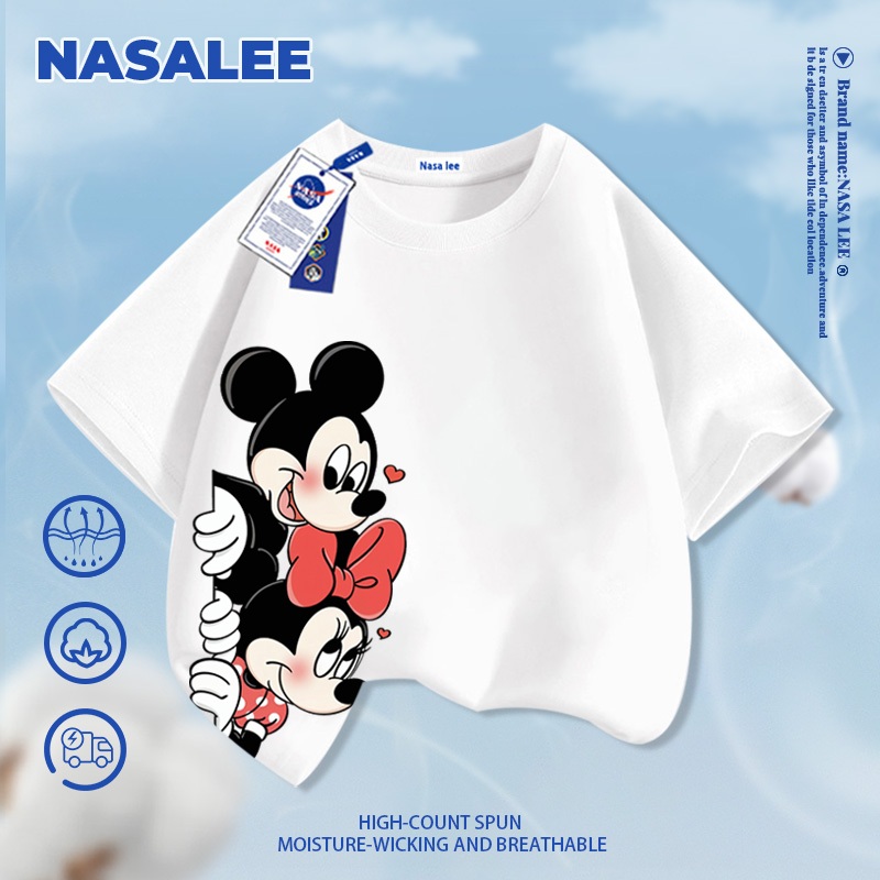 [Giao hàng trong ngày] NASA Hợp thời trang Phong cách mới Cotton nguyên chất cho trẻ em Tay ngắn thoải mái Họa tiết Mickey Minnie thân thiện với da
