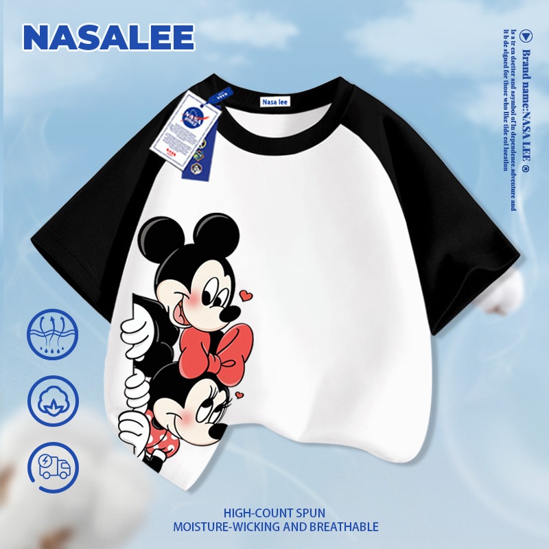 [Giao hàng trong ngày] NASA Hợp thời trang Phong cách mới Cotton nguyên chất cho trẻ em Tay ngắn thoải mái Họa tiết Mickey Minnie thân thiện với da