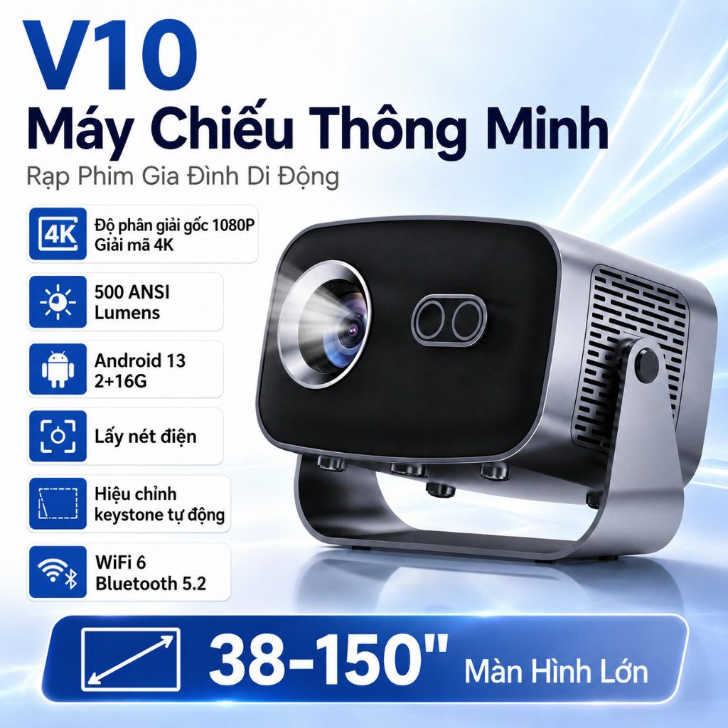 V10 máy chiếu mini phòng ngủ mini360° xoay hỗ trợ giải mã 4K máy chiếu mini hệ điều hành Android 13.0 hiệu chỉnh hình thang tự động hỗ trợ kết nối thiết bị