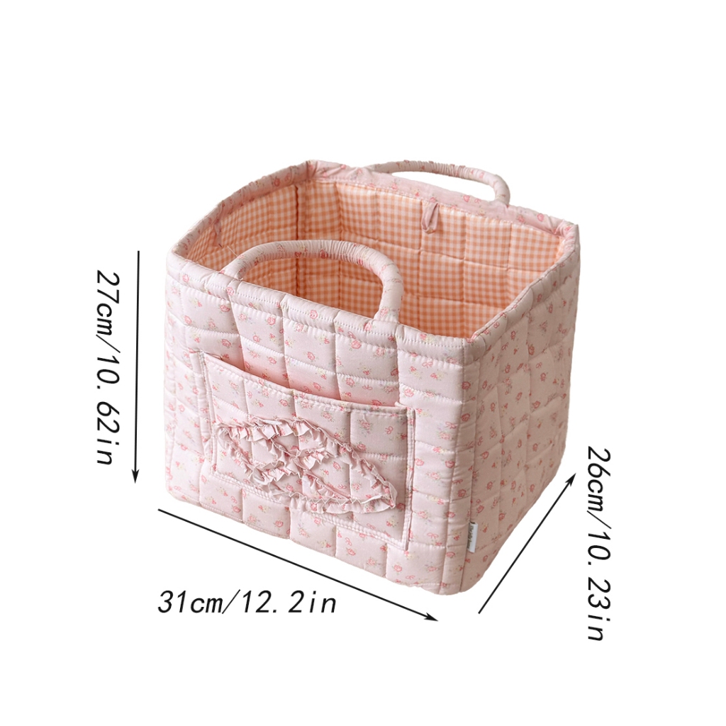 Giỏ lưu trữ vải hoa kem khâu chỉ dày 2 ngăn dung tích lớn gấp được đựng đồ linh tinh nhà ở