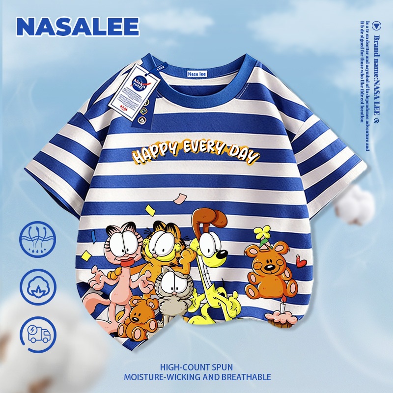 [Giao hàng trong ngày] NASA Hợp thời trang Phong cách mới Cotton nguyên chất cho trẻ em Tay ngắn thoải mái Họa tiết chân dung gia đình Garfield thân thiện với da