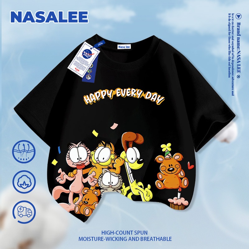 [Giao hàng trong ngày] NASA Hợp thời trang Phong cách mới Cotton nguyên chất cho trẻ em Tay ngắn thoải mái Họa tiết chân dung gia đình Garfield thân thiện với da