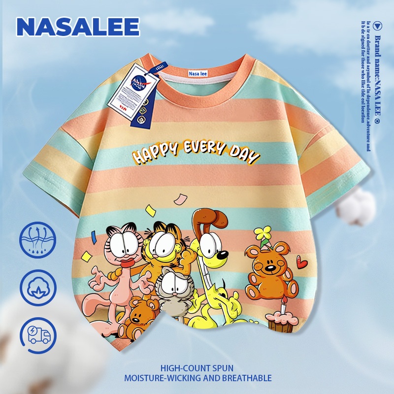 [Giao hàng trong ngày] NASA Hợp thời trang Phong cách mới Cotton nguyên chất cho trẻ em Tay ngắn thoải mái Họa tiết chân dung gia đình Garfield thân thiện với da