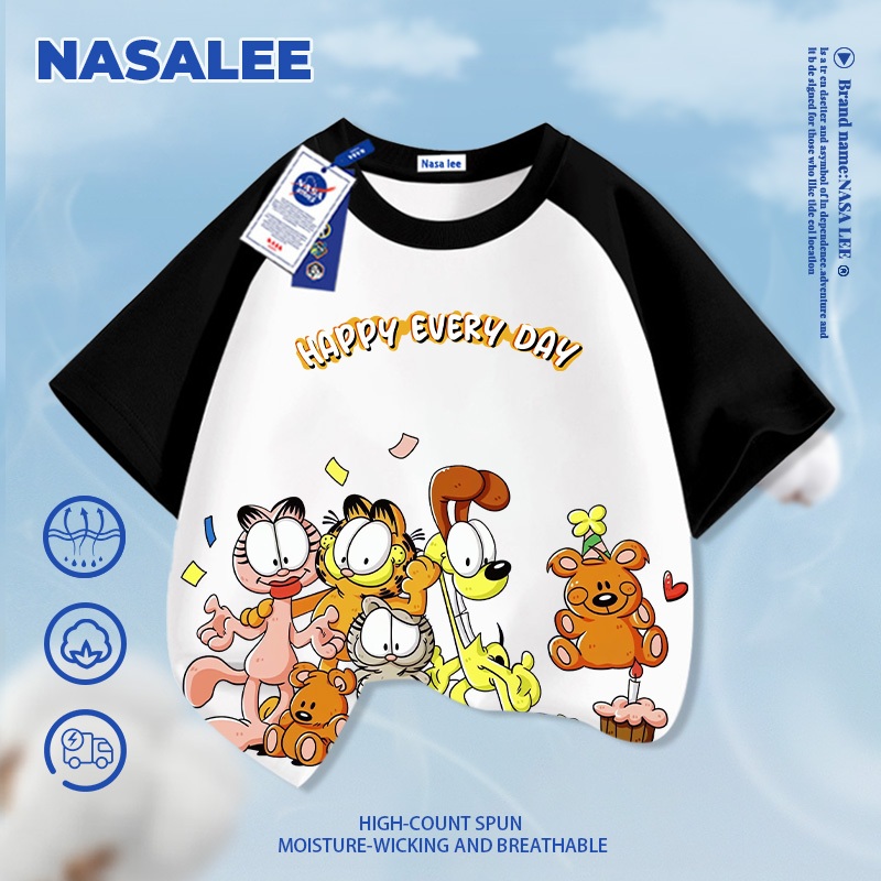 [Giao hàng trong ngày] NASA Hợp thời trang Phong cách mới Cotton nguyên chất cho trẻ em Tay ngắn thoải mái Họa tiết chân dung gia đình Garfield thân thiện với da