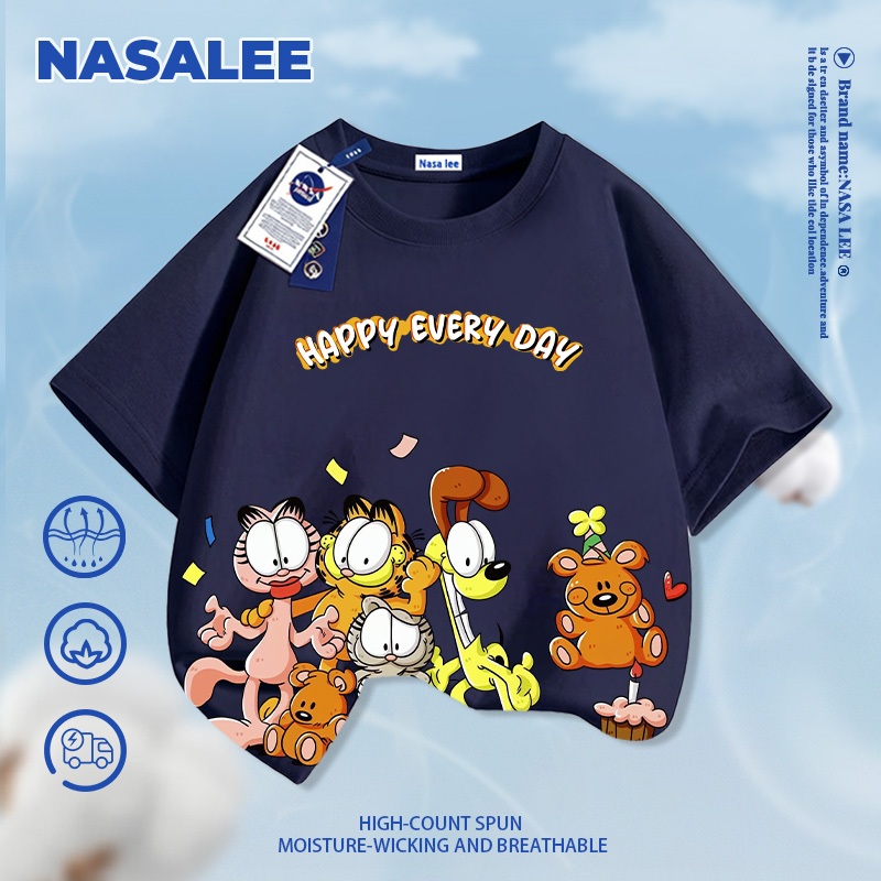 [Giao hàng trong ngày] NASA Hợp thời trang Phong cách mới Cotton nguyên chất cho trẻ em Tay ngắn thoải mái Họa tiết chân dung gia đình Garfield thân thiện với da