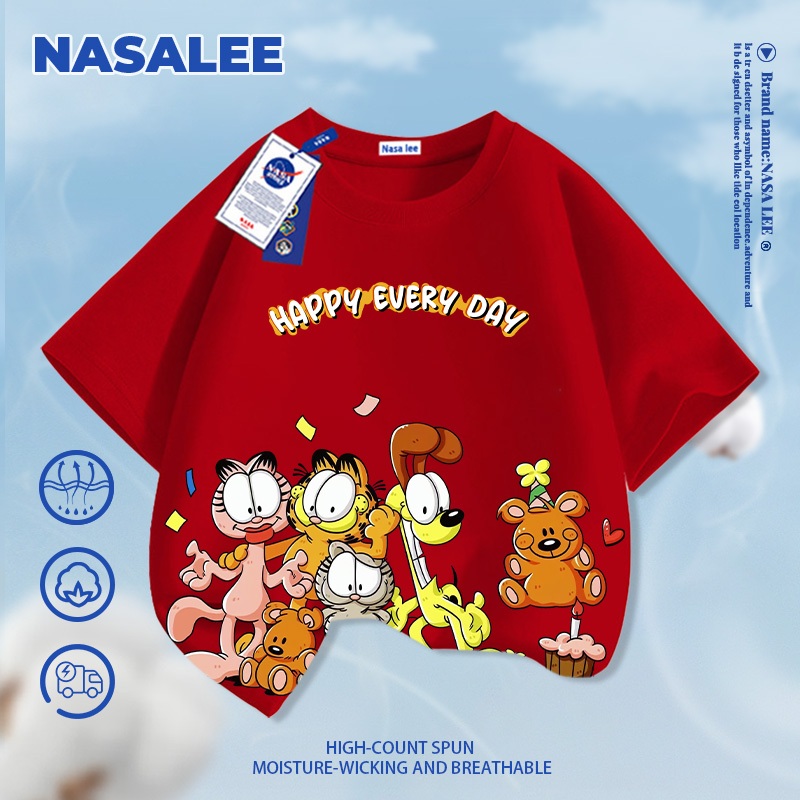 [Giao hàng trong ngày] NASA Hợp thời trang Phong cách mới Cotton nguyên chất cho trẻ em Tay ngắn thoải mái Họa tiết chân dung gia đình Garfield thân thiện với da