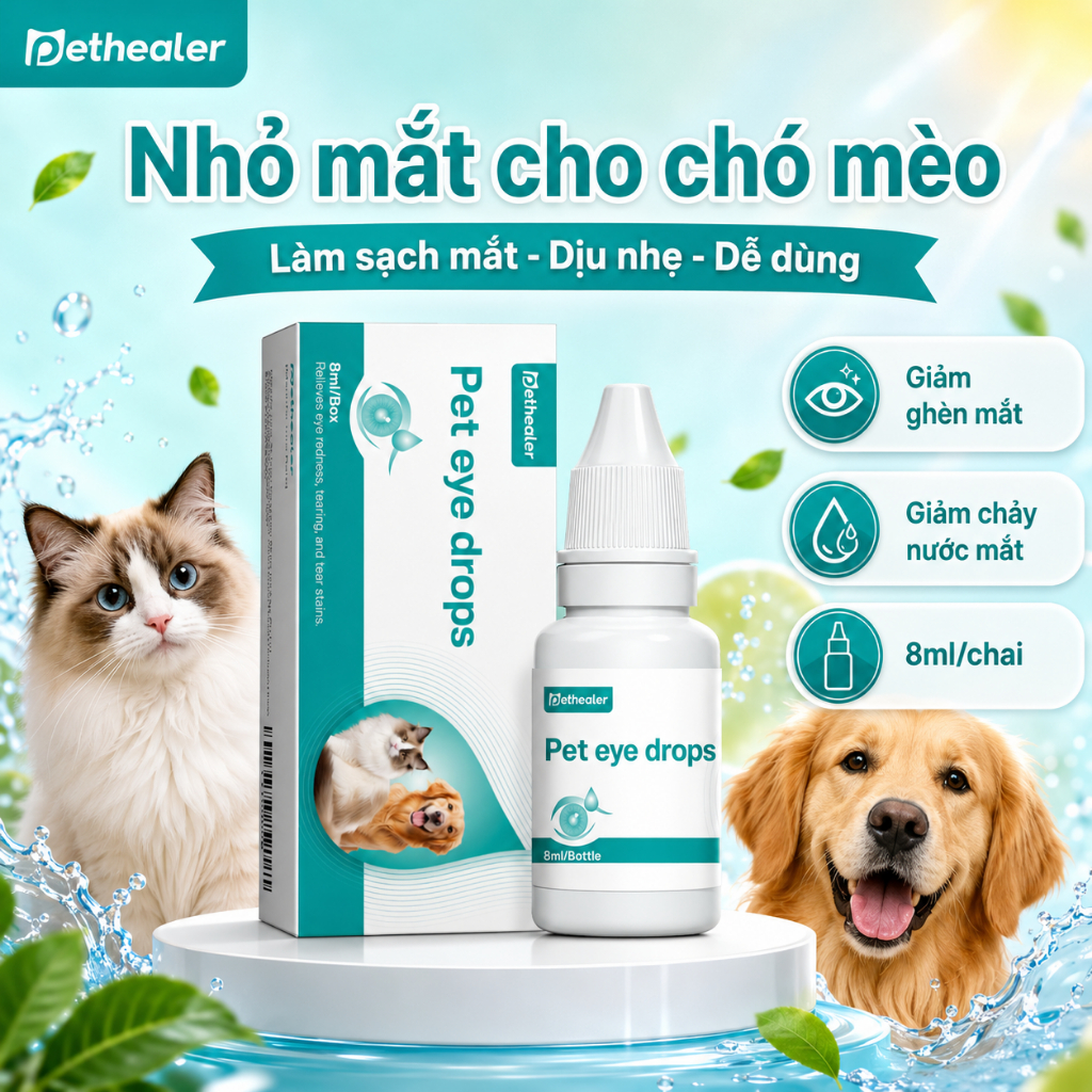 Pethealer Nhỏ Mắt Cho Chó Mèo – Vệ Sinh Mắt Hằng Ngày, Giảm Ghèn & Chảy Nước Mắt, Dịu Nhẹ,Dễ Dùng, Nhỏ Gọn