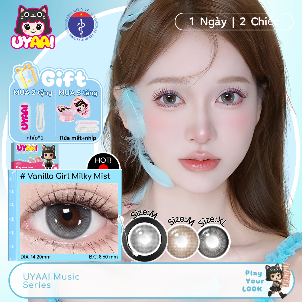 Kính áp tròng UYAAI lens 1 ngày màu xám Vanilla Girl, màu nâu lens cận có độ (0-5), 2 chiếc Lens Khuyến nghị sản phẩm mới