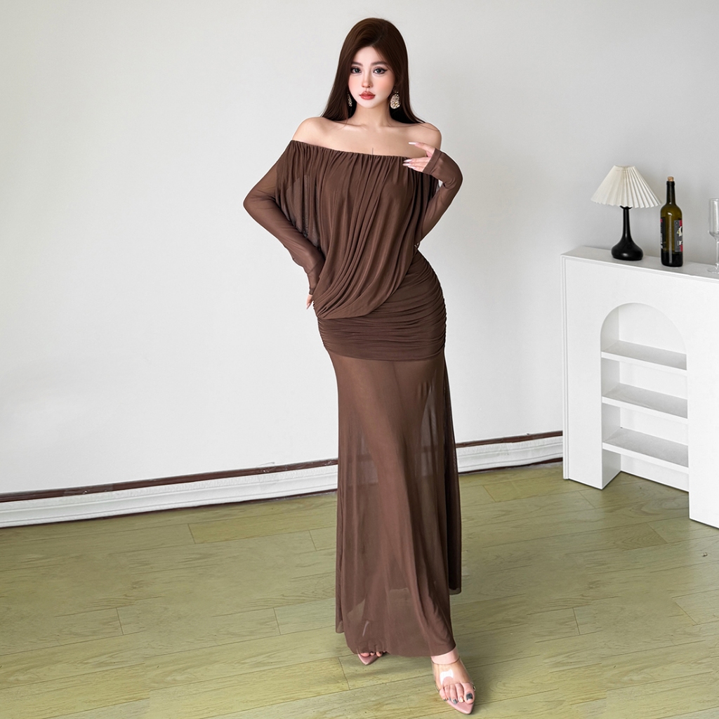 Klalien Đầm Thanhh lịch Dài Cho Người Phụ Nữ, Cổ Lưng Lưới, Tay Phối Lưới, Thích Hợp Tiệc Cưới và Party