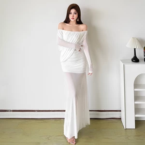 Klalien Đầm Thanhh lịch Dài Cho Người Phụ Nữ, Cổ Lưng Lưới, Tay Phối Lưới, Thích Hợp Tiệc Cưới và Party