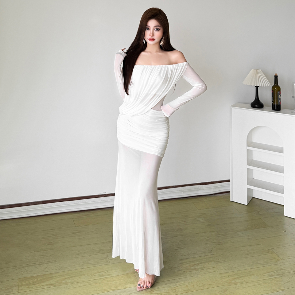 Klalien Đầm Thanhh lịch Dài Cho Người Phụ Nữ, Cổ Lưng Lưới, Tay Phối Lưới, Thích Hợp Tiệc Cưới và Party