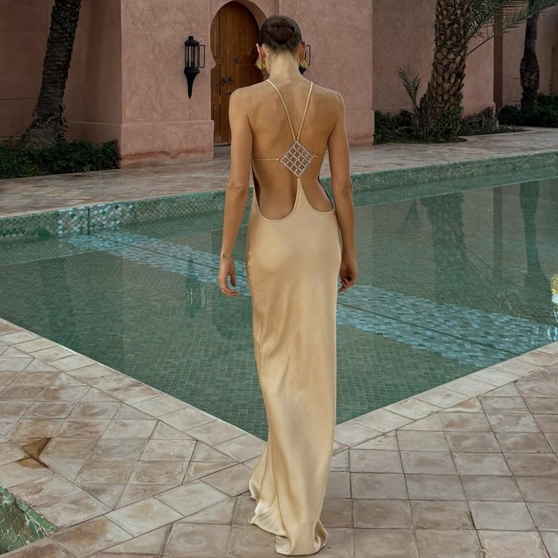 Cutenew Backless Smooth Maxi Váy Sling Dây Thoải Mái Thoáng Khí Nữ Mùa Hè Thanh Lịch Tiệc Phong Cách