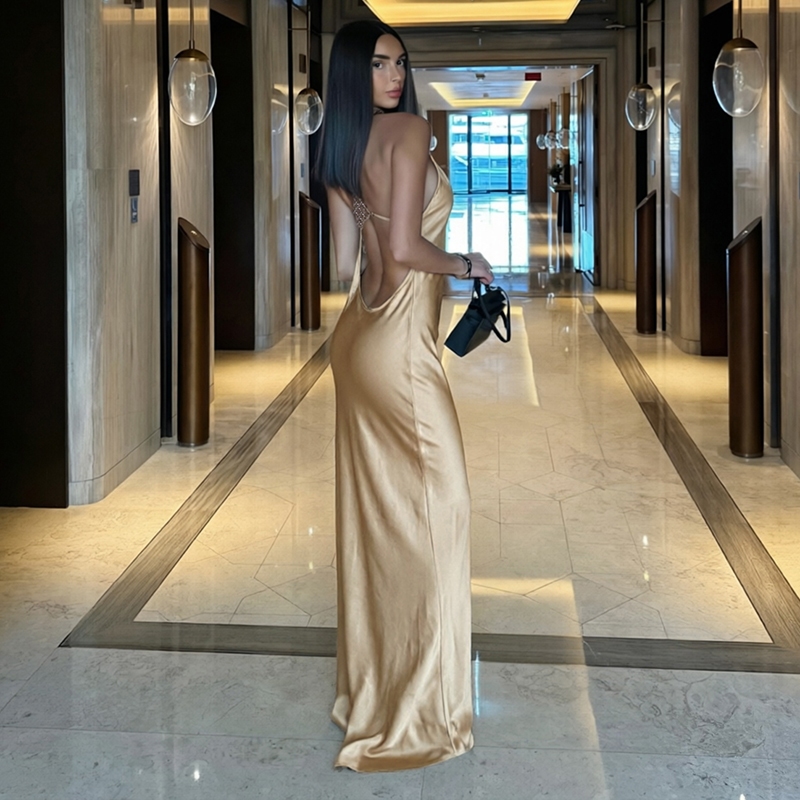 Cutenew Backless Smooth Maxi Váy Sling Dây Thoải Mái Thoáng Khí Nữ Mùa Hè Thanh Lịch Tiệc Phong Cách