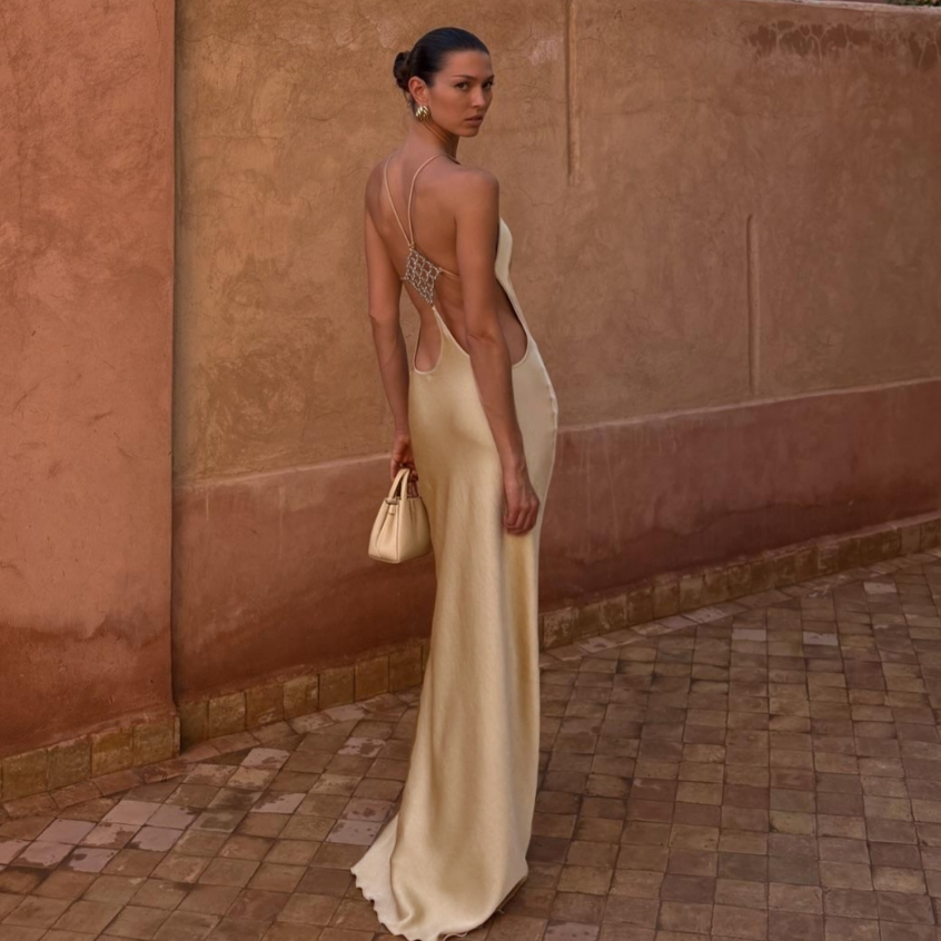 Cutenew Backless Smooth Maxi Váy Sling Dây Thoải Mái Thoáng Khí Nữ Mùa Hè Thanh Lịch Tiệc Phong Cách