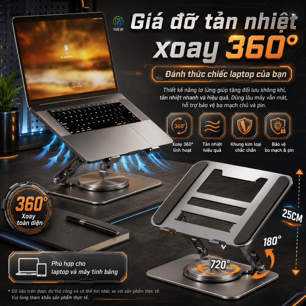 Giá đỡ laptop tản nhiệt xoay 360 độ