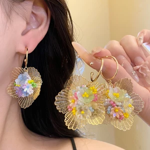 Bông tai thả lá màu vàng, giọng hoa đính cườm đầy màu sắc, Trang sức tuyên bố mùa hè Fairycore dành cho nữ
