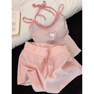 Bộ đồ ngủ treo mèo hoạt hình sọc màu hồng có đệm ngực dành cho nữ Bộ đồ ở nhà vừa vặn