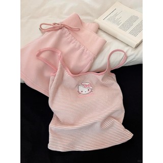 Bộ đồ ngủ treo mèo hoạt hình sọc màu hồng có đệm ngực dành cho nữ Bộ đồ ở nhà vừa vặn