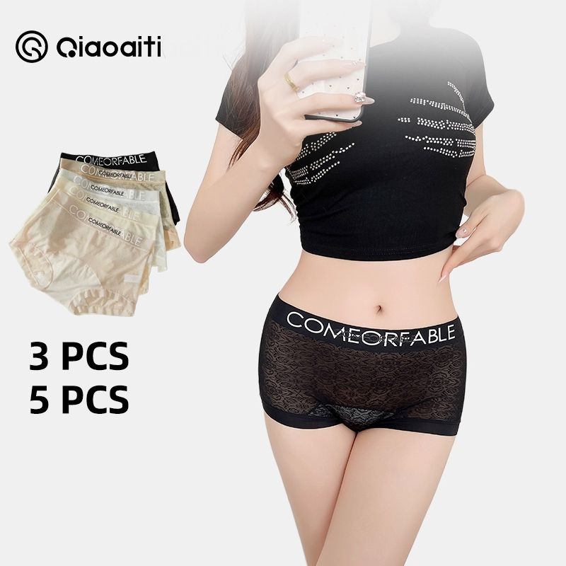 Qiaoaiti Quần lót ren siêu mỏng thoáng khí cho nữ, gợi cảm không đường may, kháng khuẩn, gấu dài, cạp cao kiểu boxer