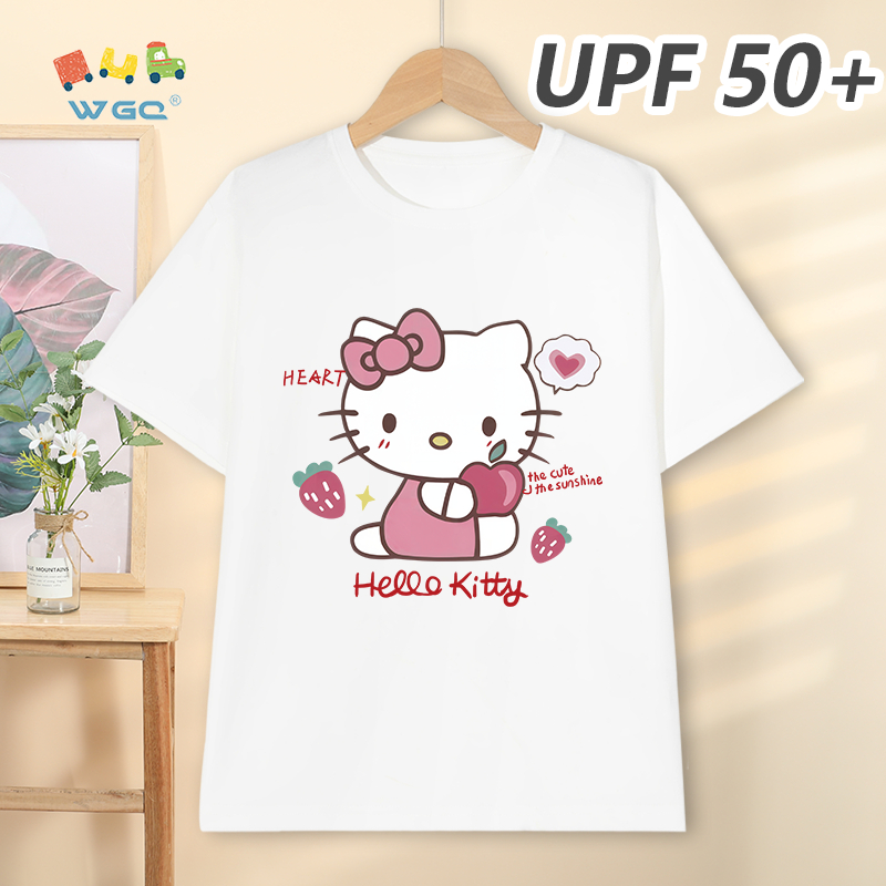 W.G.Q Áo thun bé gái，phong cách mới mùa hè với in hình Hello Kitty，có chức năng chống nắng UPF50 +，mát mẻ thoải mái，thoáng khí thấm mồ hôi