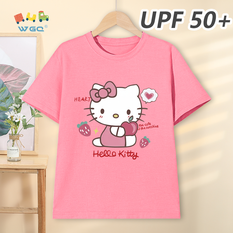 W.G.Q Áo thun bé gái，phong cách mới mùa hè với in hình Hello Kitty，có chức năng chống nắng UPF50 +，mát mẻ thoải mái，thoáng khí thấm mồ hôi