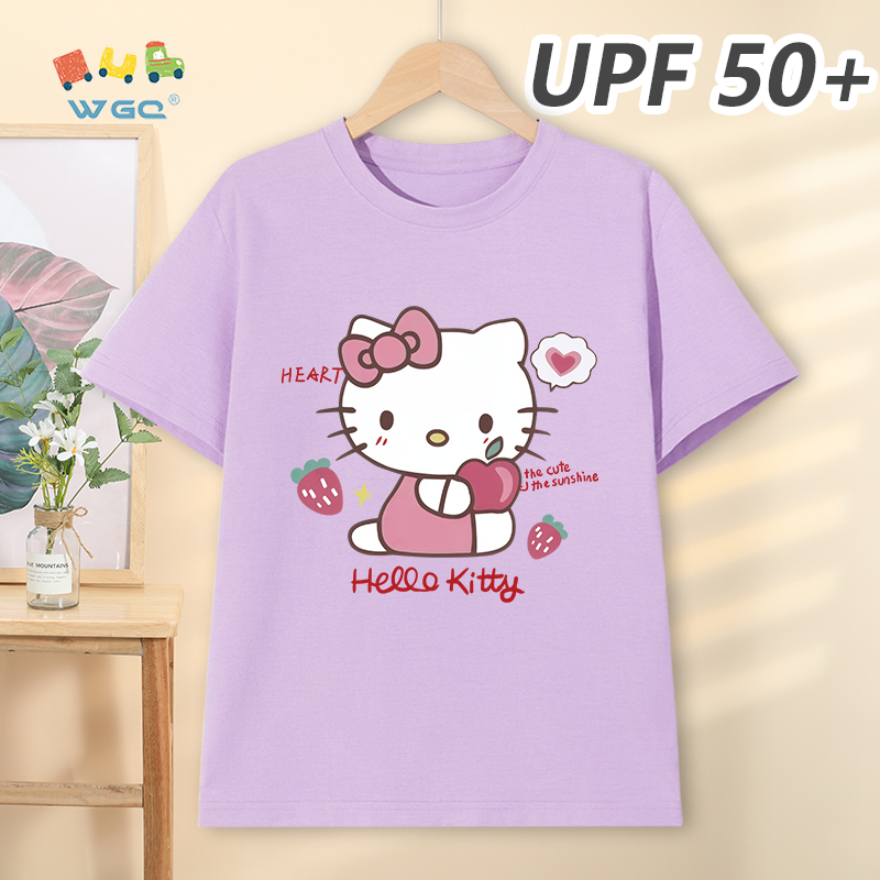 W.G.Q Áo thun bé gái，phong cách mới mùa hè với in hình Hello Kitty，có chức năng chống nắng UPF50 +，mát mẻ thoải mái，thoáng khí thấm mồ hôi