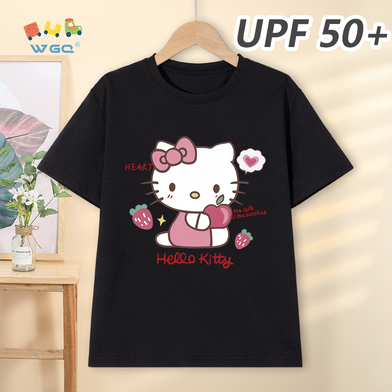W.G.Q Áo thun bé gái，phong cách mới mùa hè với in hình Hello Kitty，có chức năng chống nắng UPF50 +，mát mẻ thoải mái，thoáng khí thấm mồ hôi