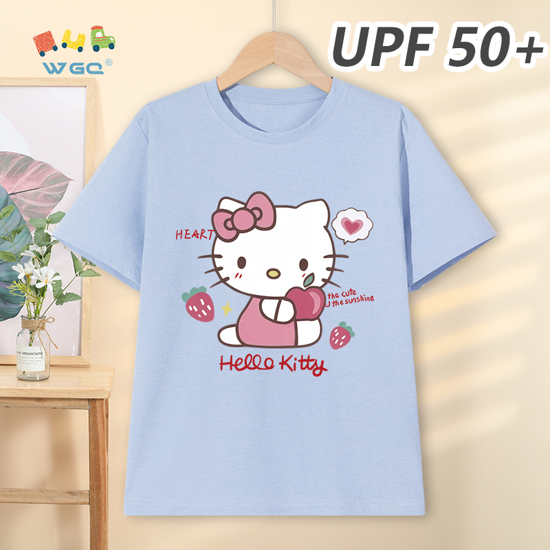W.G.Q Áo thun bé gái，phong cách mới mùa hè với in hình Hello Kitty，có chức năng chống nắng UPF50 +，mát mẻ thoải mái，thoáng khí thấm mồ hôi