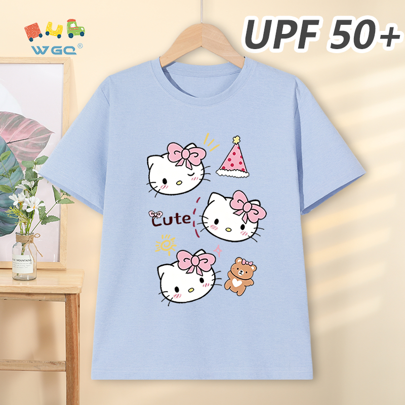 W.G.Q Áo thun bé gái，phong cách mới mùa hè với in hình Hello Kitty，có chức năng chống nắng UPF50 +，hấp thụ mồ hôi thoáng khí thoải mái mát mẻ