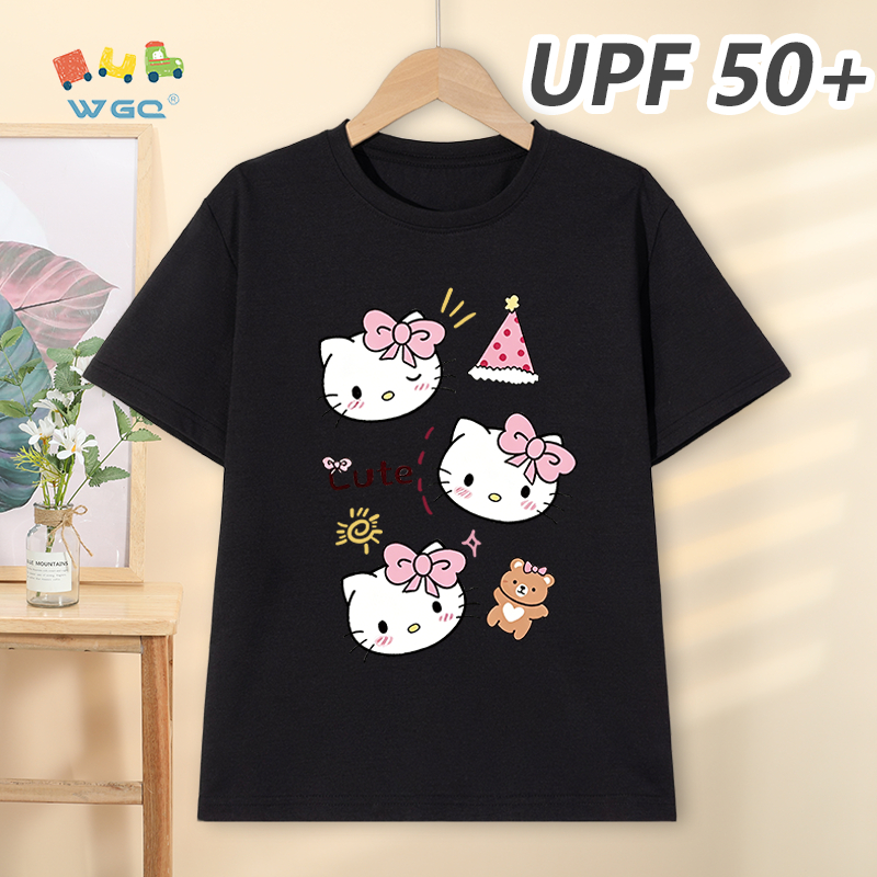 W.G.Q Áo thun bé gái，phong cách mới mùa hè với in hình Hello Kitty，có chức năng chống nắng UPF50 +，hấp thụ mồ hôi thoáng khí thoải mái mát mẻ