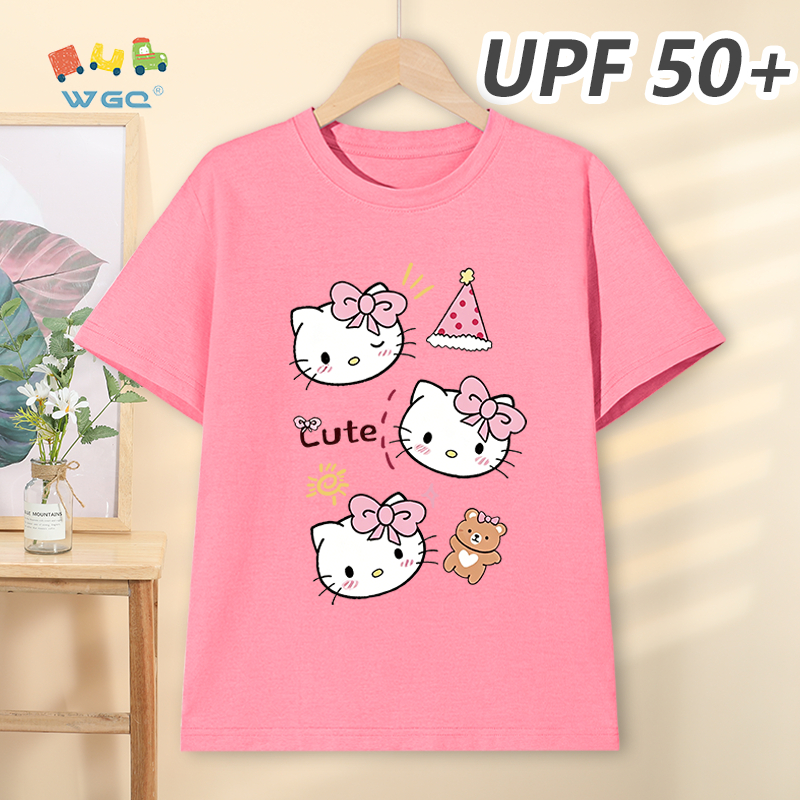 W.G.Q Áo thun bé gái，phong cách mới mùa hè với in hình Hello Kitty，có chức năng chống nắng UPF50 +，hấp thụ mồ hôi thoáng khí thoải mái mát mẻ