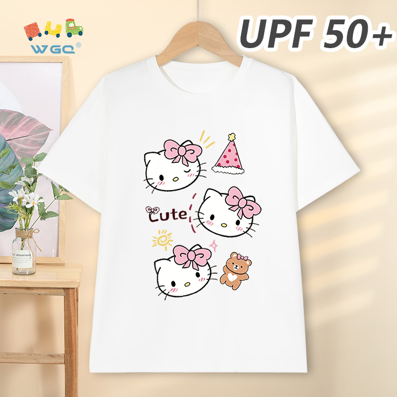 W.G.Q Áo thun bé gái，phong cách mới mùa hè với in hình Hello Kitty，có chức năng chống nắng UPF50 +，hấp thụ mồ hôi thoáng khí thoải mái mát mẻ