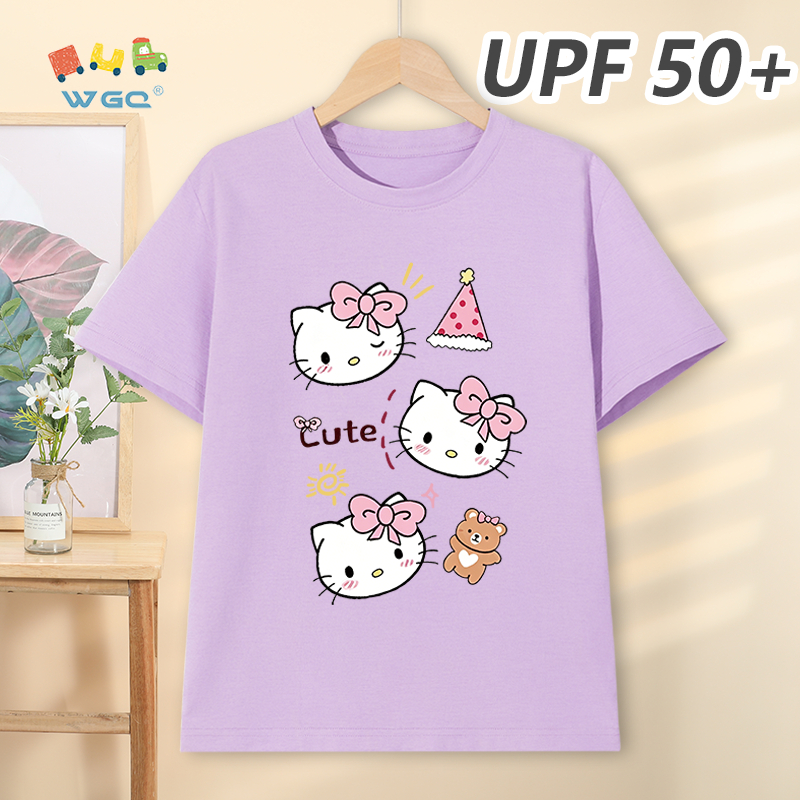 W.G.Q Áo thun bé gái，phong cách mới mùa hè với in hình Hello Kitty，có chức năng chống nắng UPF50 +，hấp thụ mồ hôi thoáng khí thoải mái mát mẻ